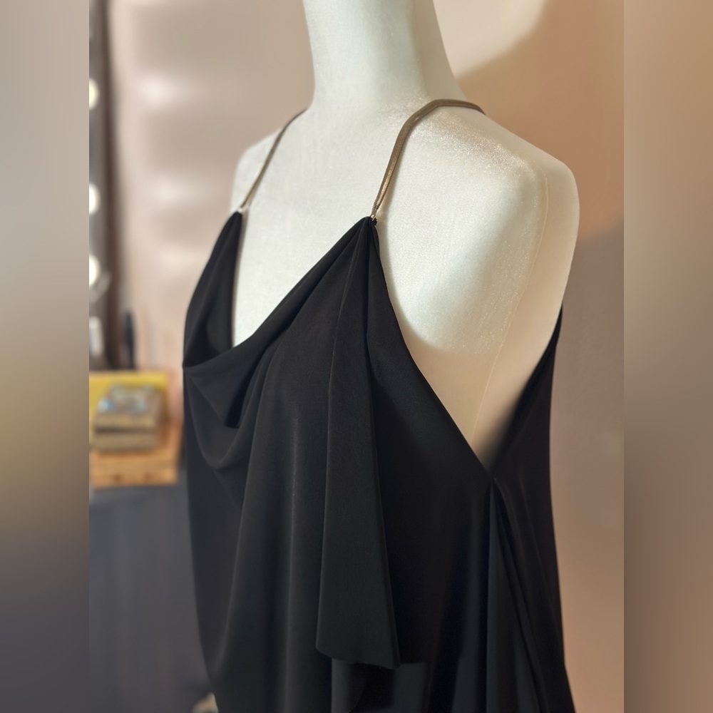 Express Women’s Black Top w/ Gold Straps, Asymmetric with Cowl Neck Size M